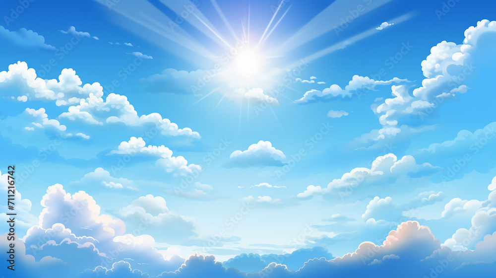blue sky with clouds anime style background with shining sun and white ...