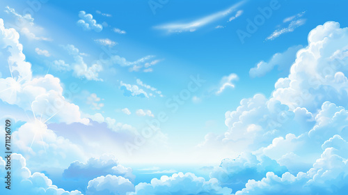 blue sky with clouds anime style background with shining sun and white fluffy clouds photo