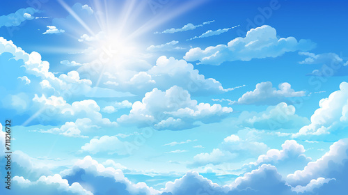 blue sky with clouds anime style background with shining sun and white fluffy clouds and bright sun