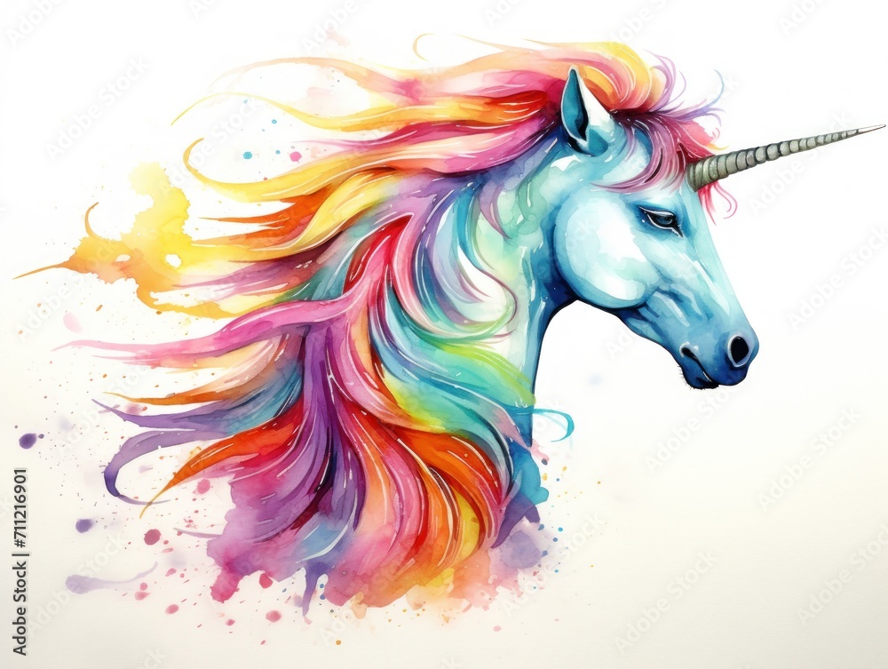 Painting of Unicorns Head With Colorful Hair. Watercolor illustration.