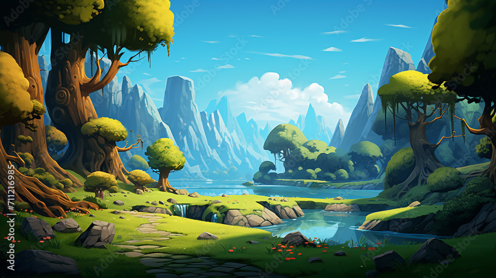 cartoon game background with bright blue sky - obrazy, fototapety, plakaty 