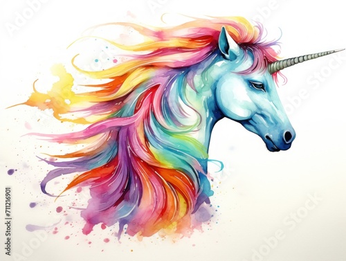 Painting of Unicorns Head With Colorful Hair. Watercolor illustration.