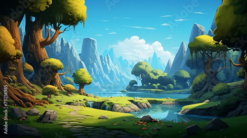 cartoon game background with bright blue sky photo