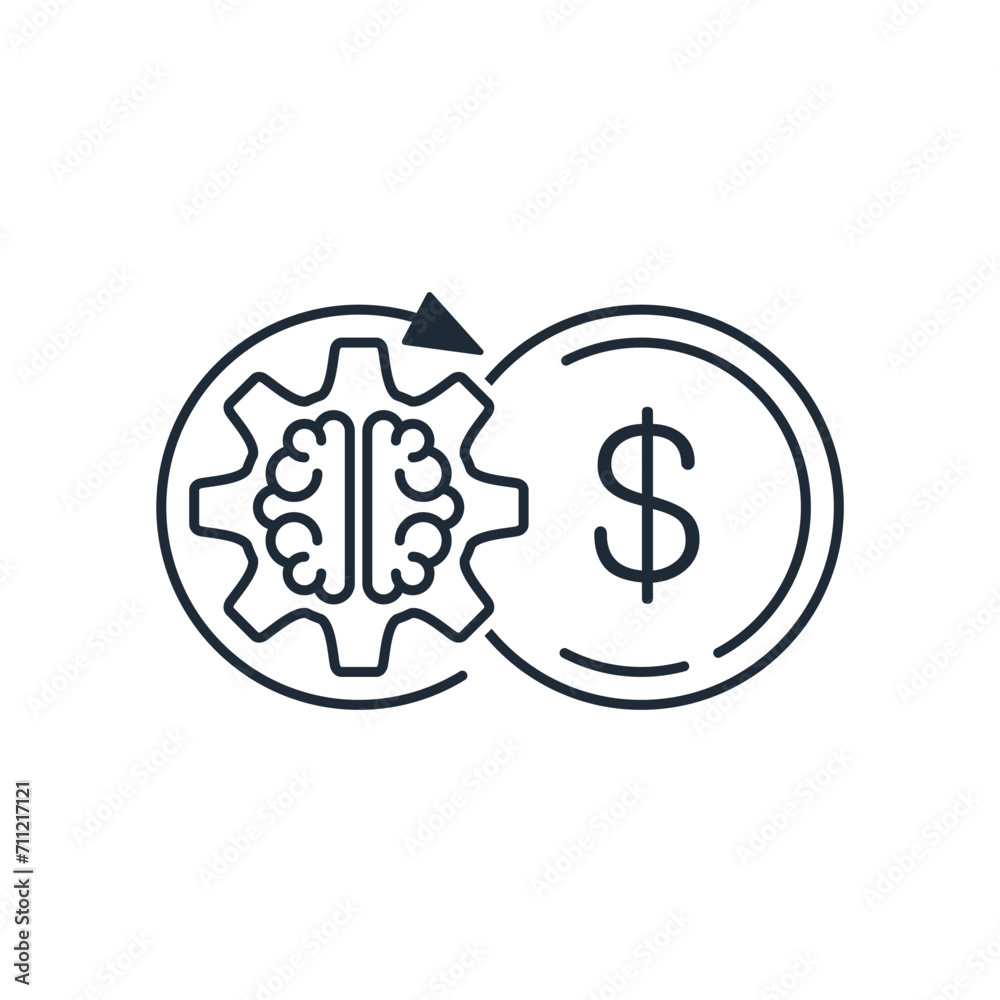A gear with a brain moves money. New smart financial technologies.Vector linear icon isolated on white background. A gear with a brain moves money. New smart financial technologies.Vector linear icon isolated on white background.