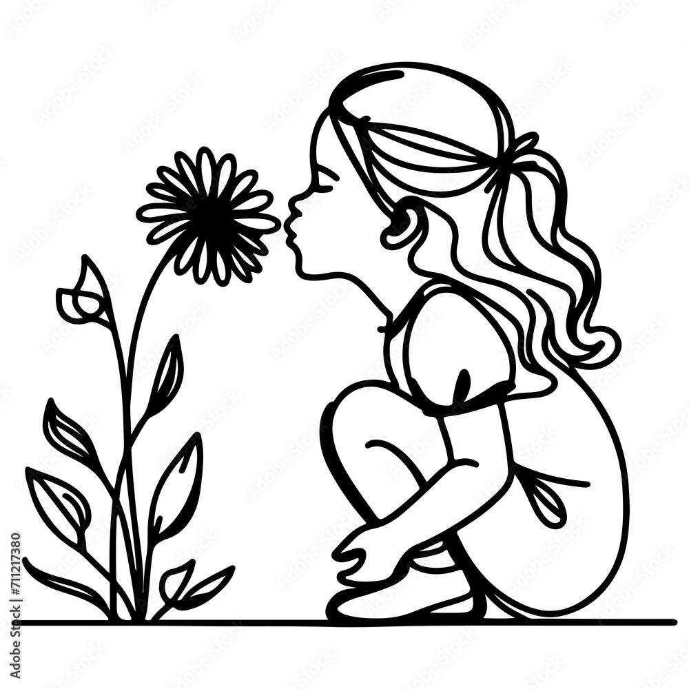 girl sitting and picked flowers line art drawing style black linear sketch isolated on transparency girl sitting and picked flowers line art drawing style black linear sketch isolated on transparency