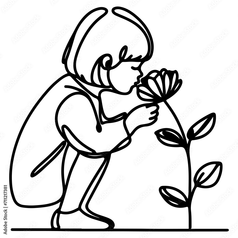 Fototapeta premium girl sitting and picked flowers line art drawing style black linear sketch isolated on transparency