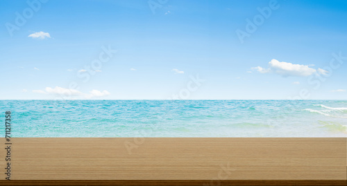 Travel concept Sea Table Background Summer Tropical Blue Ocean with Sky Horizon Island Deck Mockup Stage Product Beauty Cosmetic Sunscreen for Tourism Vacation Relax Holiday  Nature Beautiful Scene.