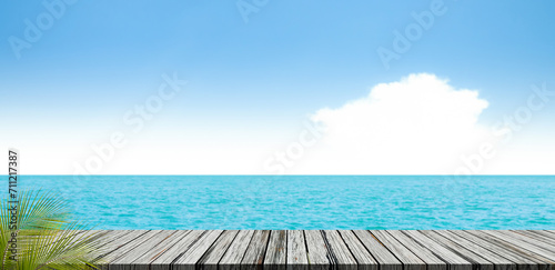 Travel concept,Sea Table Background Summer Tropical Blue Ocean with Sky Horizon Island Deck Mockup Stage Product Beauty Cosmetic Sunscreen for Tourism Vacation Relax Holiday, Nature Beautiful Scene.