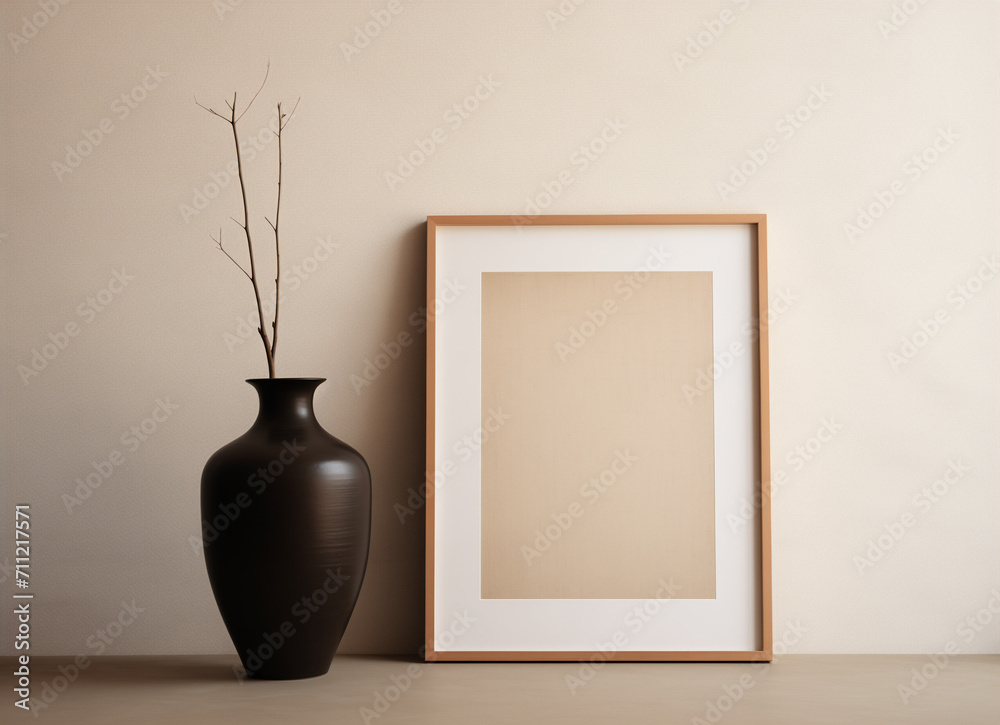 mockup, vase and a framed portrait near a wall, in the style of photorealistic rendering, beige, minimalism, kitchen still life