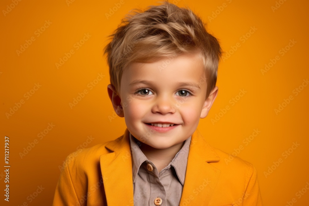 Portrait of a smiling little boy in a yellow jacket on a yellow background Portrait of a smiling little boy in a yellow jacket on a yellow background