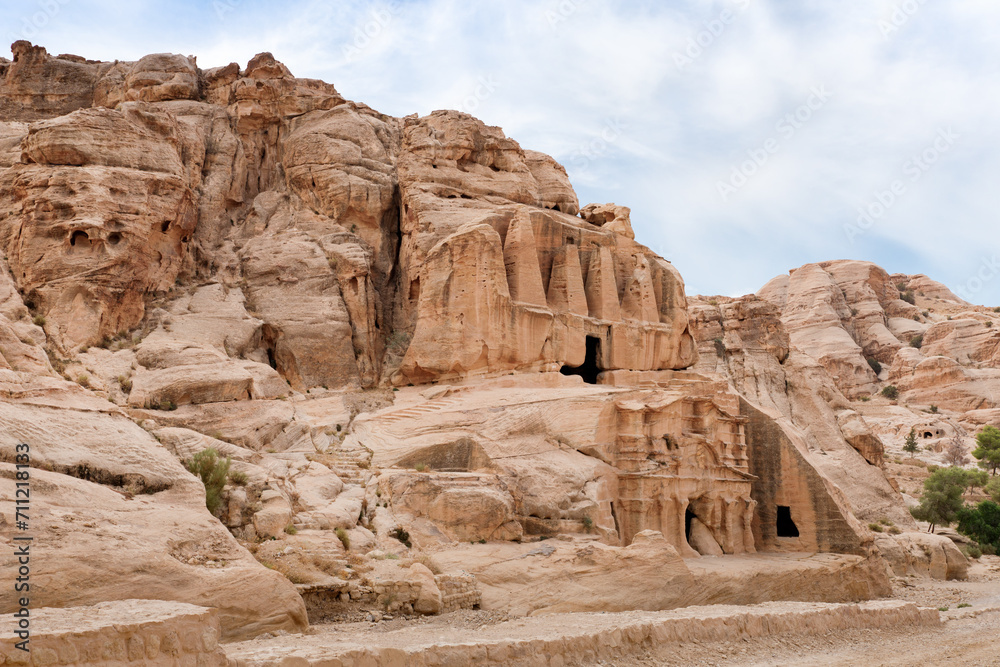 Obelisk Tomb and Bab as Siq Triclinium in the Nabatean Kingdom in capital of Nabatean Kingdom Petra at the beginning of the tourist route in Wadi Musa city in Jordan