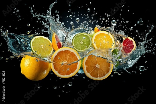 Fotografia Various citrus fruits like lemon, lime, orange, and grapefruit in water splashes