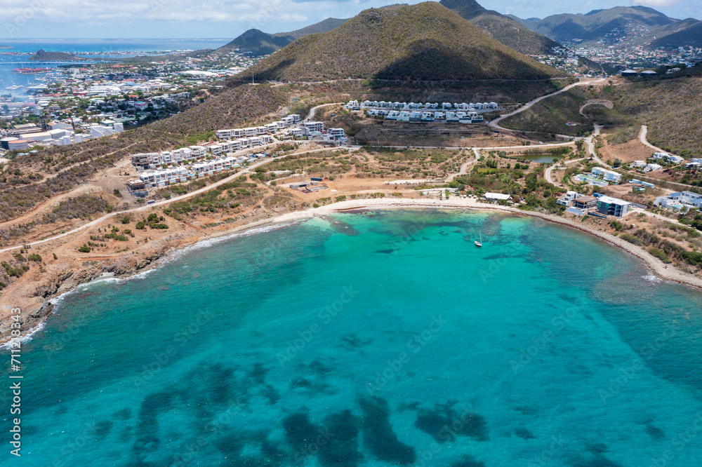 Fototapeta premium Aerial drone photos of islands in the Caribbean with blue sky and ocean