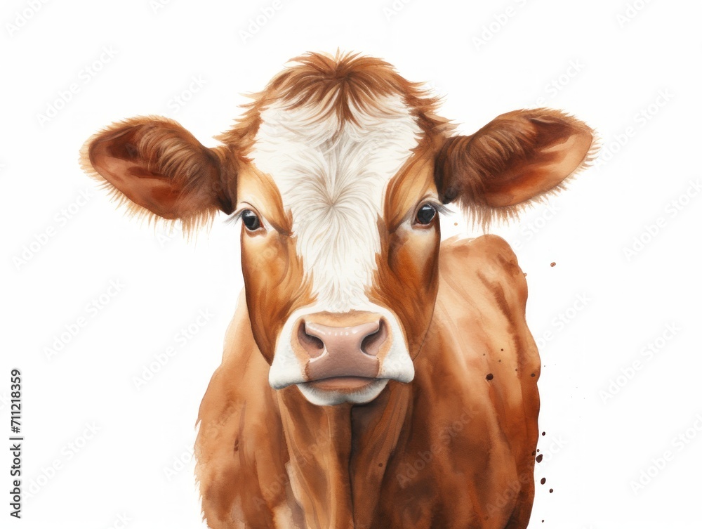 Close Up of Brown and White Cow. Watercolor illustration.