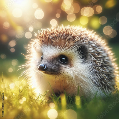 hedgehog on a green meadow in the rays of the sun