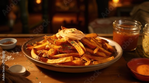 In this enticing food shot, a plate of Cider Avoid infused sweet potato fries steals the spotlight, perfectly seasoned and served with a smoky chipotle aioli for a touch of heat, creating photo