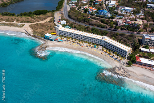Aerial drone photos of islands in the Caribbean with blue sky and ocean