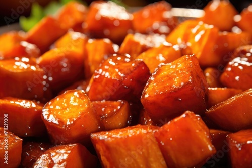 A closeup shot portrays the mouthwatering texture of candied yams, highlighting their soft, velvety insides and sticky glazed exterior, creating an alluring contrast of flavors and sensations. photo