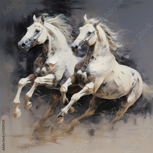 white horses painting with black shadow for wall art, 