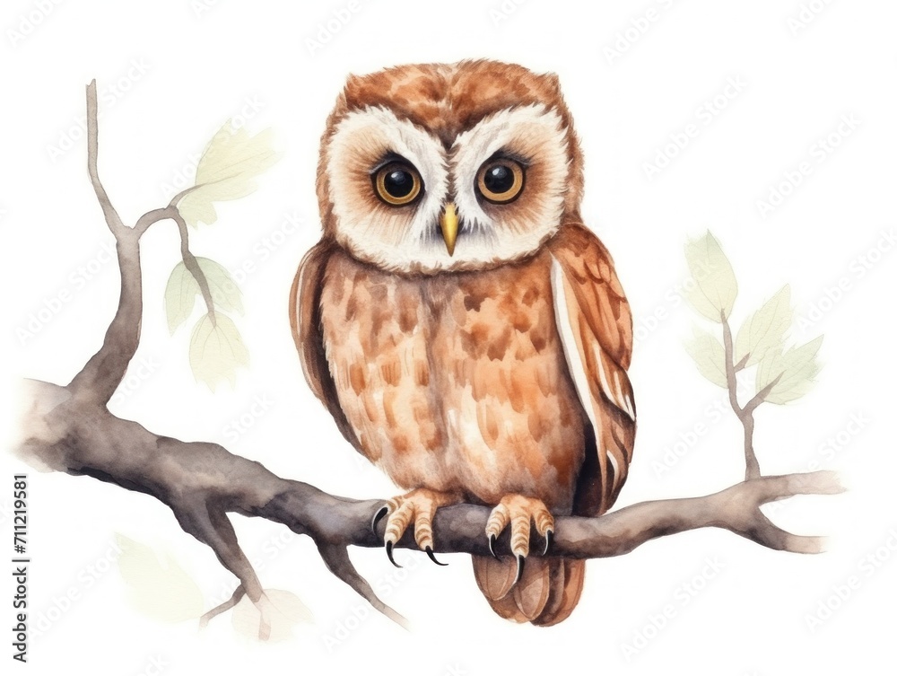 Naklejka premium Watercolor Painting of an Owl Perched on a Branch