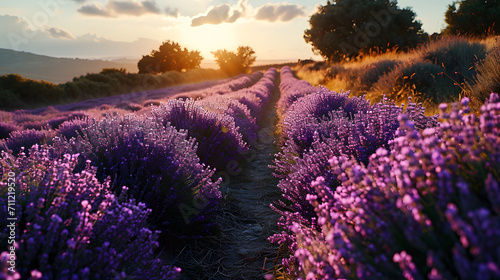Beautiful Blooming fragrant lavender in a field with warm sunbeam.