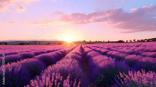 Beautiful Blooming fragrant lavender in a field with warm sunbeam.