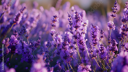 Close up Beautiful Blooming fragrant lavender in a field with warm sunbeam.