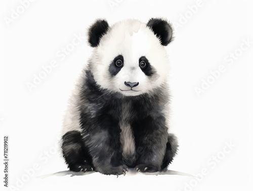 Black and White Panda Bear Sitting Down. Watercolor illustration.