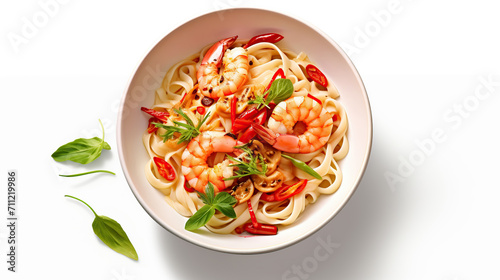 Shrimp Pasta with Fresh Herbs and Chili on White Background