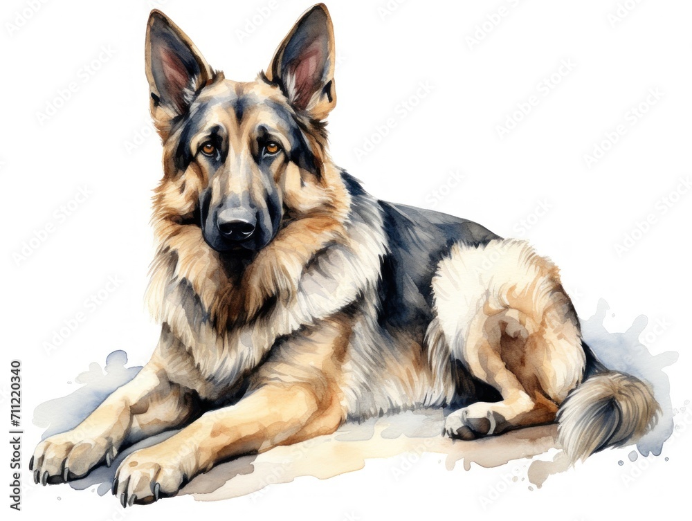 Calm German Shepherd Dog Resting in a Laid-Back Position. Watercolor illustration. Calm German Shepherd Dog Resting in a Laid-Back Position. Watercolor illustration.