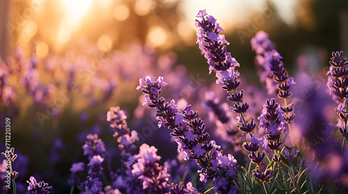 Close up Beautiful Blooming fragrant lavender in a field with warm sunbeam. background, wallpaer.  photo