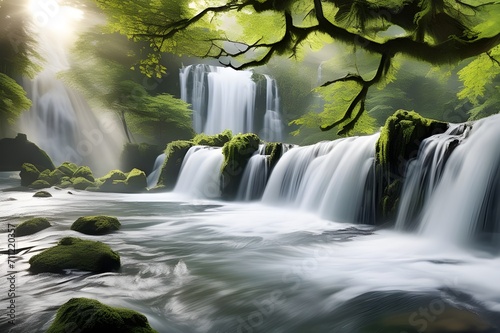 Ultra-realistic-cascade-of-a-waterfall-sunlight-filtering-through-mist-moss-covered-rocks-intricate,waterfall-in-the-forest