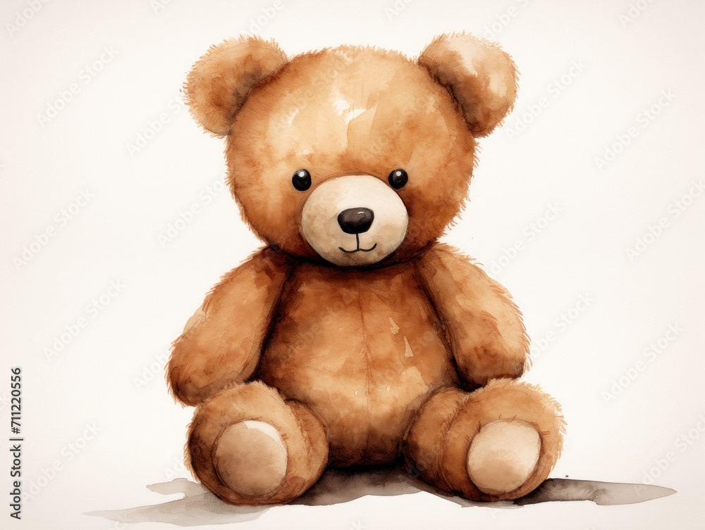 Brown Teddy Bear Sitting on White Floor. Watercolor illustration.