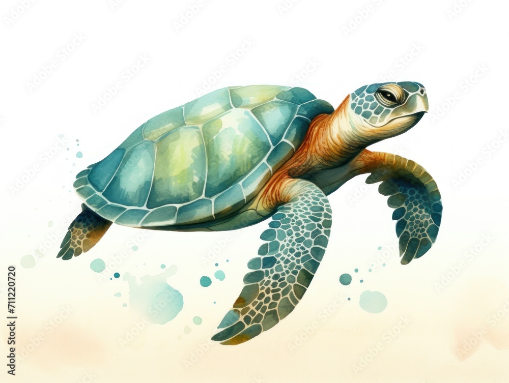 Fototapeta premium Green Sea Turtle Swimming in Ocean, Majestic Marine Creature in Its Natural Habitat. Watercolor illustration.