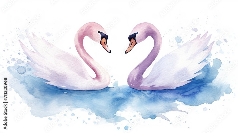 Fototapeta premium Two White Swans Swimming in a Body of Water. Watercolor illustration.
