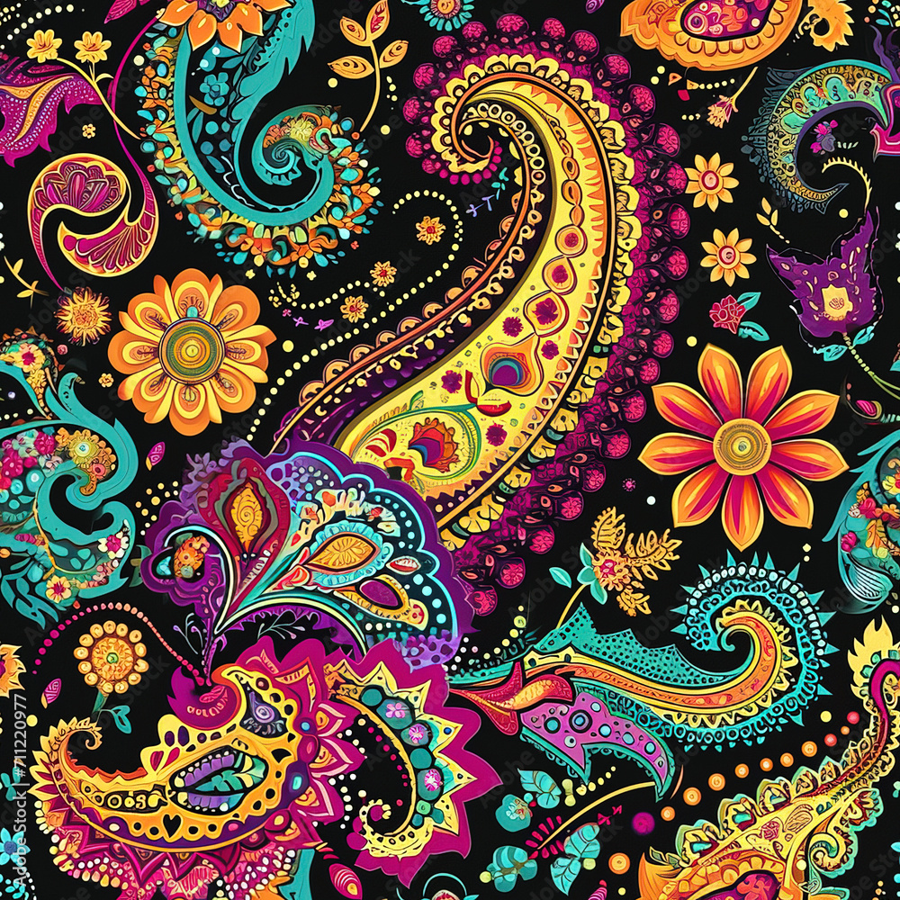 Paisley ornament colorful repeat pattern, vibrant ethnic decorative ornate 