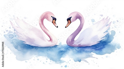 Two White Swans Swimming in a Body of Water. Watercolor illustration. © keystoker