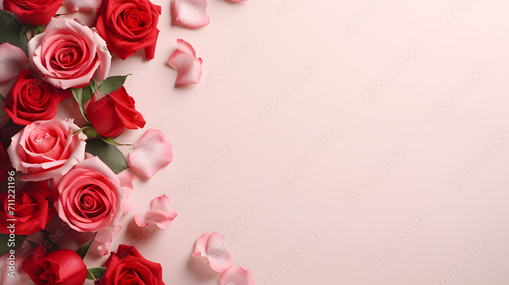 Beautiful red and pink roses with petals on pastel pink background, for greeting card, background, wallpaper. horizontal. view from top. copy space concept.