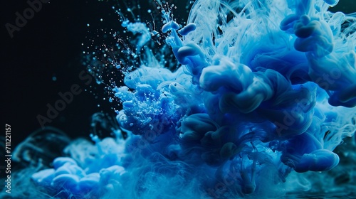 A vibrant sapphire blue ink drop expanding in clear water against a stark black background.