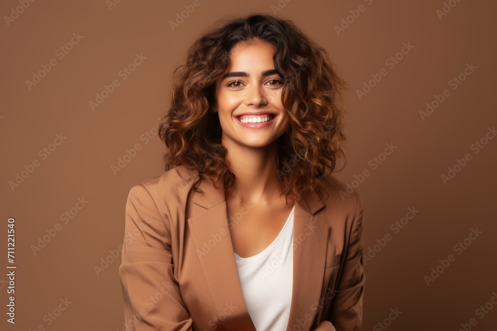 Happy smiling young business woman in beige jacket, over brown background Happy smiling young business woman in beige jacket, over brown background