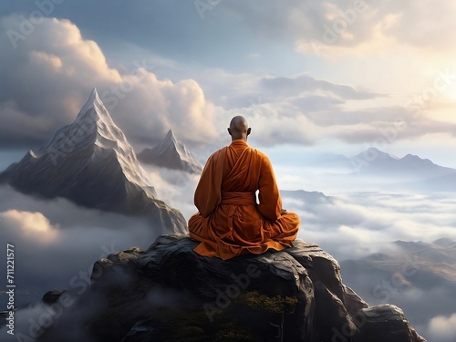A monk in deep meditation, perched atop a towering mountain peak © Naveen