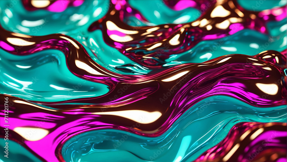 Abstract background filled with metallic liquid waves with a shiny finish. The combination of aqua, gold and pink colors forms a futuristic wave pattern that creates a dynamic and modern look.