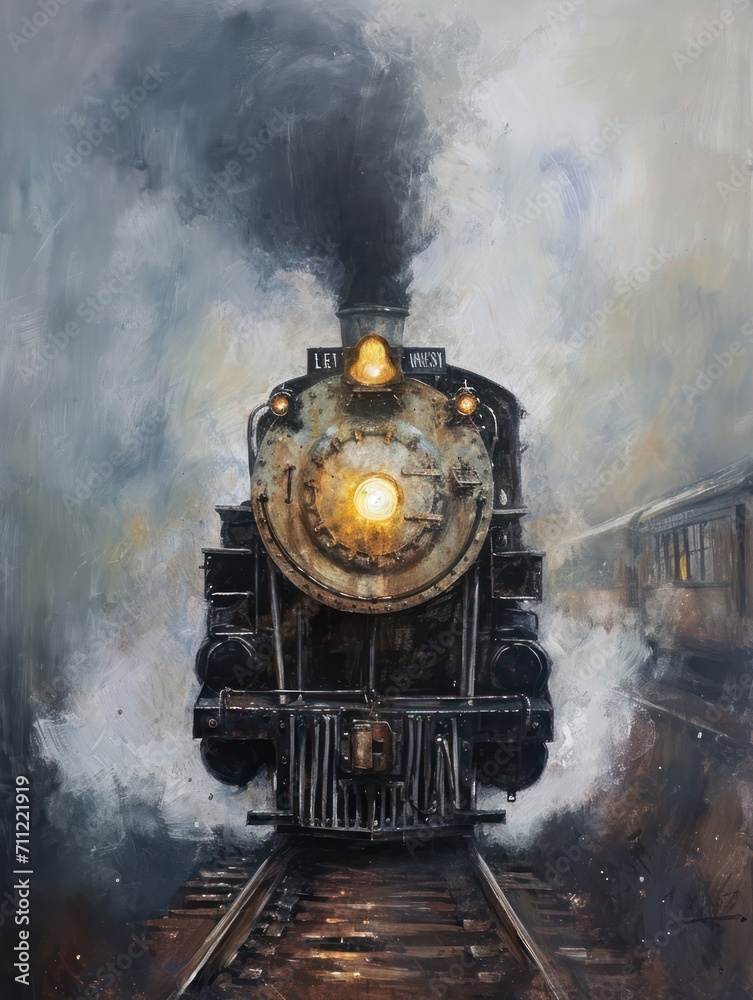 oil painting of An antique train, steam engine