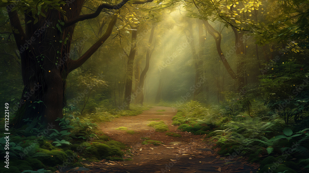 Mystical Forest Path with Sunrays Piercing Through Mystical Forest Path with Sunrays Piercing Through