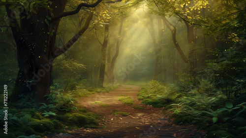 Mystical Forest Path with Sunrays Piercing Through
