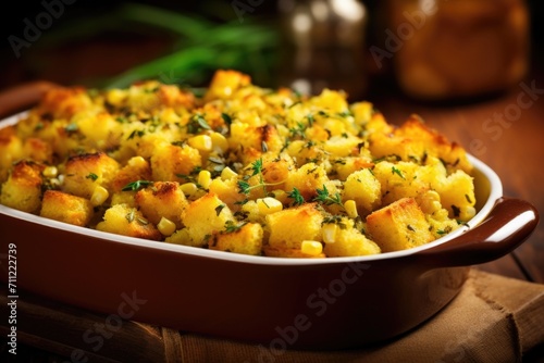 Indulge in the irresistible aroma of freshly baked cornbread stuffing  made with a generous amount of tender corn kernels  herbs  and a touch of garlic  creating a side dish thats both visually