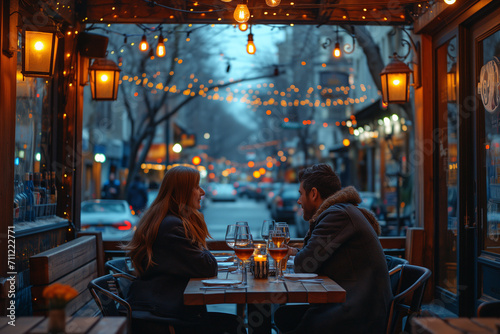 Un couple boit un verre en terrasse à Paris après le travail alors qu'il fait froid dehors l'hiver photo