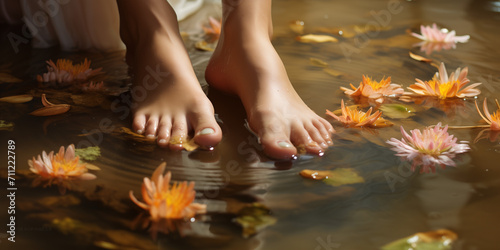 Illustration de pieds dans l'eau au milieu des fleurs, paysage printannier photo