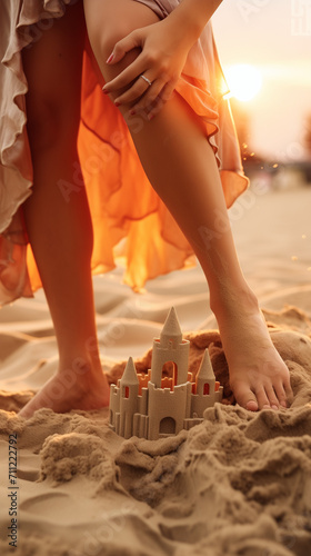 Jeune femme jouant avec ses pieds dans le sable et construisant un château de sable, jeux d'été à la plage en tenue légère et sexy photo