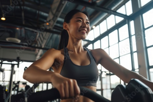 uplifting and motivational scene capturing the joy and dedication of a happy and fit woman in the gym, radiating positivity, healthy lifestyle.